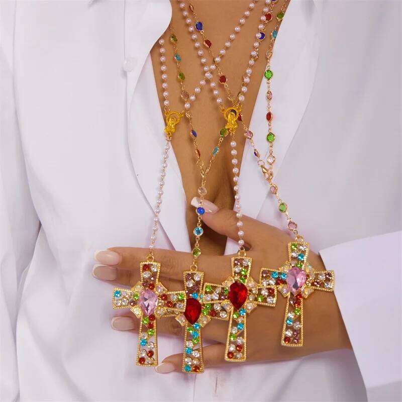 Vintage Water Drop Zircon Cross Pendant Necklace For Women Crystal Pink Red Rhinestone Long Tassel Choker Party Jewelry H260312