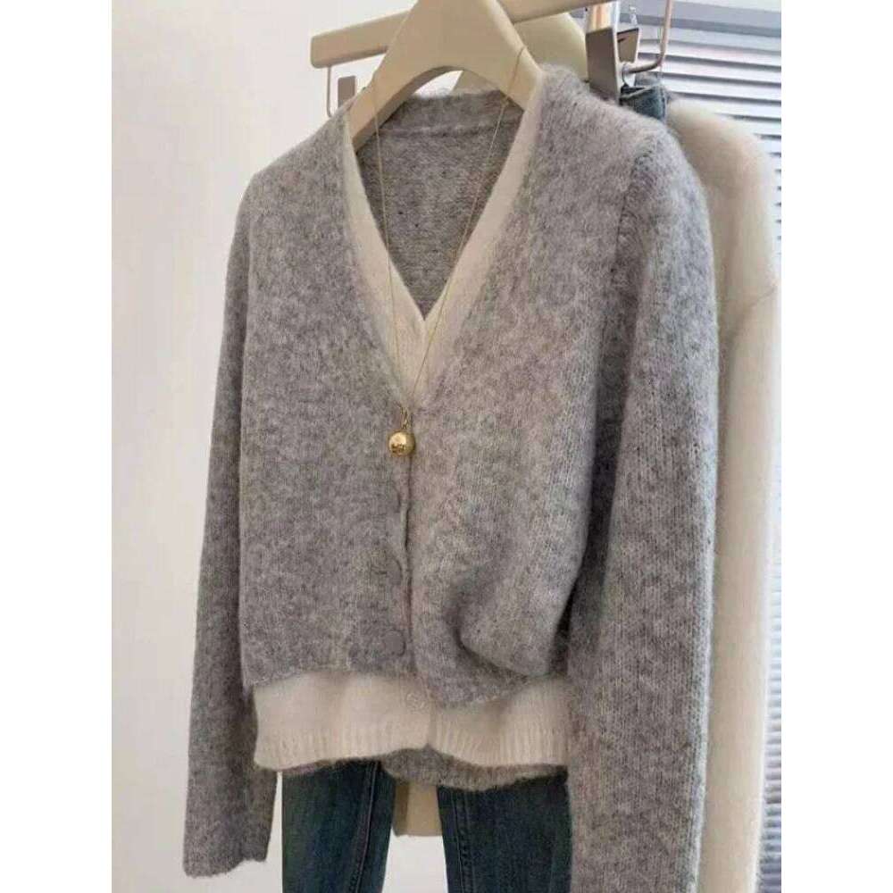 Zjaiss Women Lazy Style False Two-piece Cardigan 2026 Korean Elegant V-Neck Knitted Sweater Chic Spring Autumn Casual Grey Top Z260313