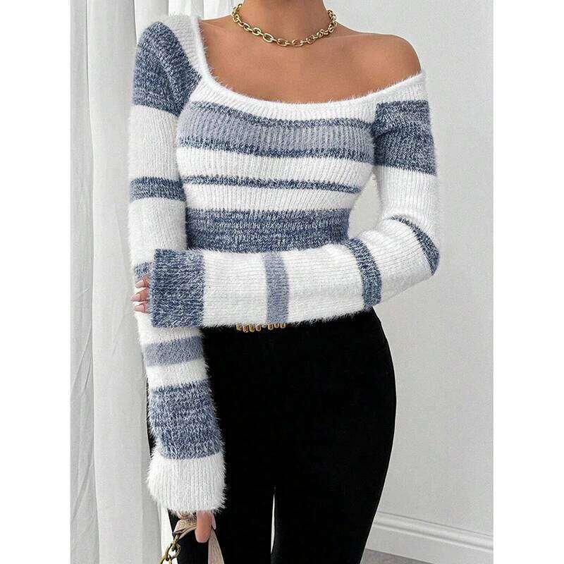 2025 New Autumn Winter Slim Fit Square Neck Women's Striped Faux Mink Soft And Cozy Style Knitted Sweater Z260313