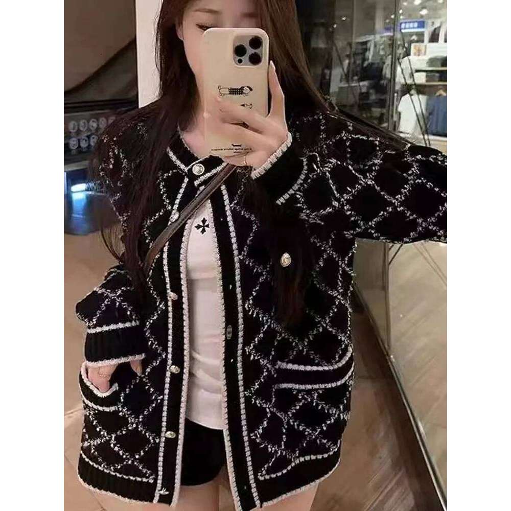 Long Sleeve Knitted Cardigan Argyle Sweater Autumn Winter Women Loose Jackets Plaid Office Coat Pockets Casual Elegant Clothes Z260313