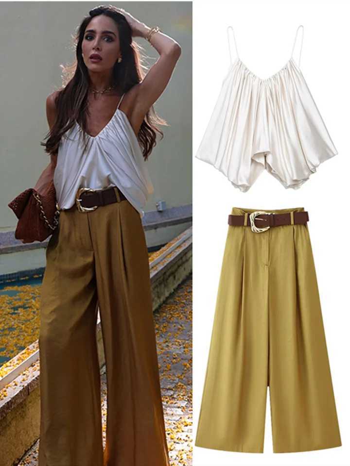 Elegant Women Vest Pants Set Solid Sling V-neck Backless Tops Belt Zipper Wide Leg Long Trouser Lady Suit Summer Chic Streetwear M260313