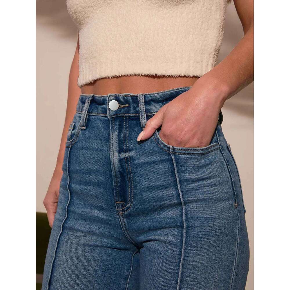 Autumn new women's dark blue high waist straight slim fit wide leg version stretch denim fabric elegant intellectual jeans Z260313