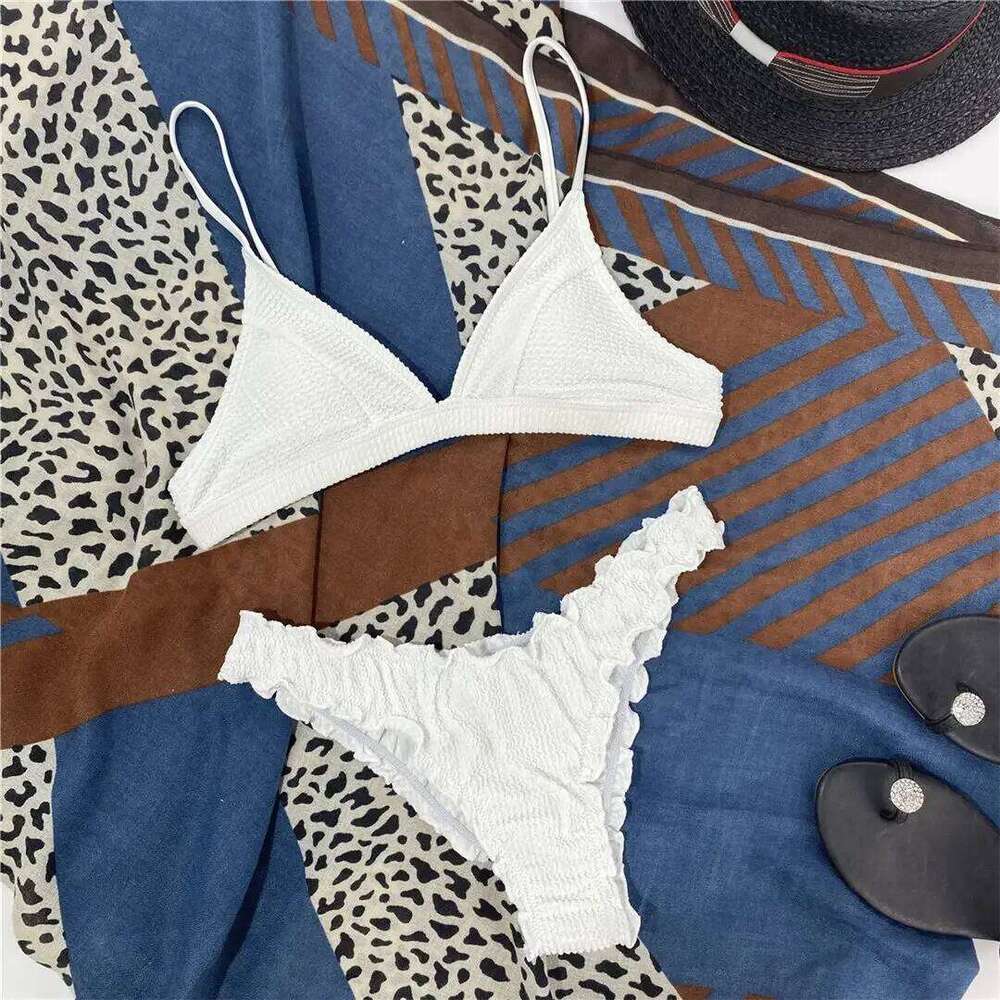 Wrinkled Mid Waist Female Swimsuit Women Swimwear Two-pieces Bikini set Ruffled Frilled Bather Bathing Suit Swim K2957 Y260303