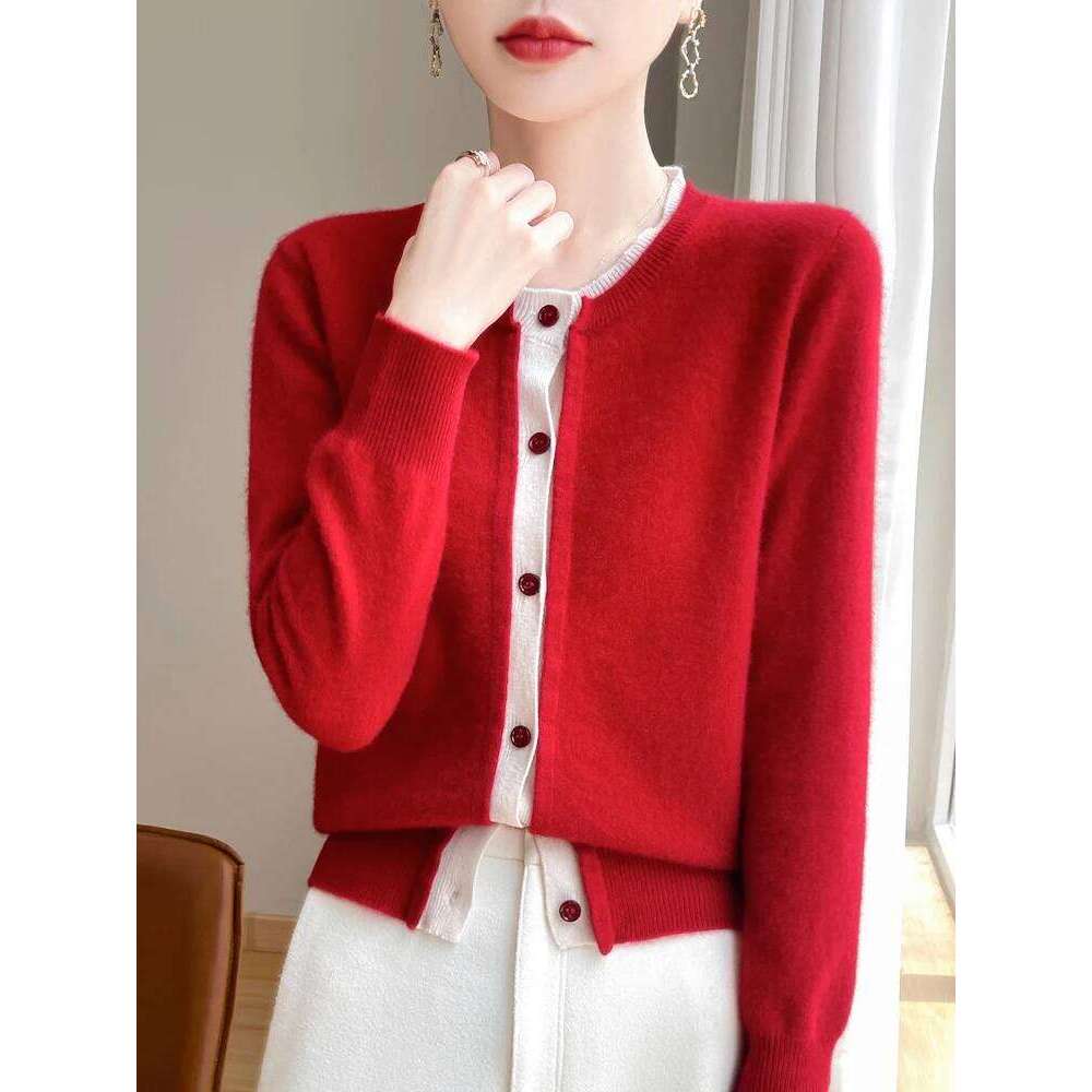 Women Sweater O-neck Long Sleeve Cardigan Autumn Winter 100% Merino Wool Knitwear Cashmere Coat Korean Popular Clothing Z260313