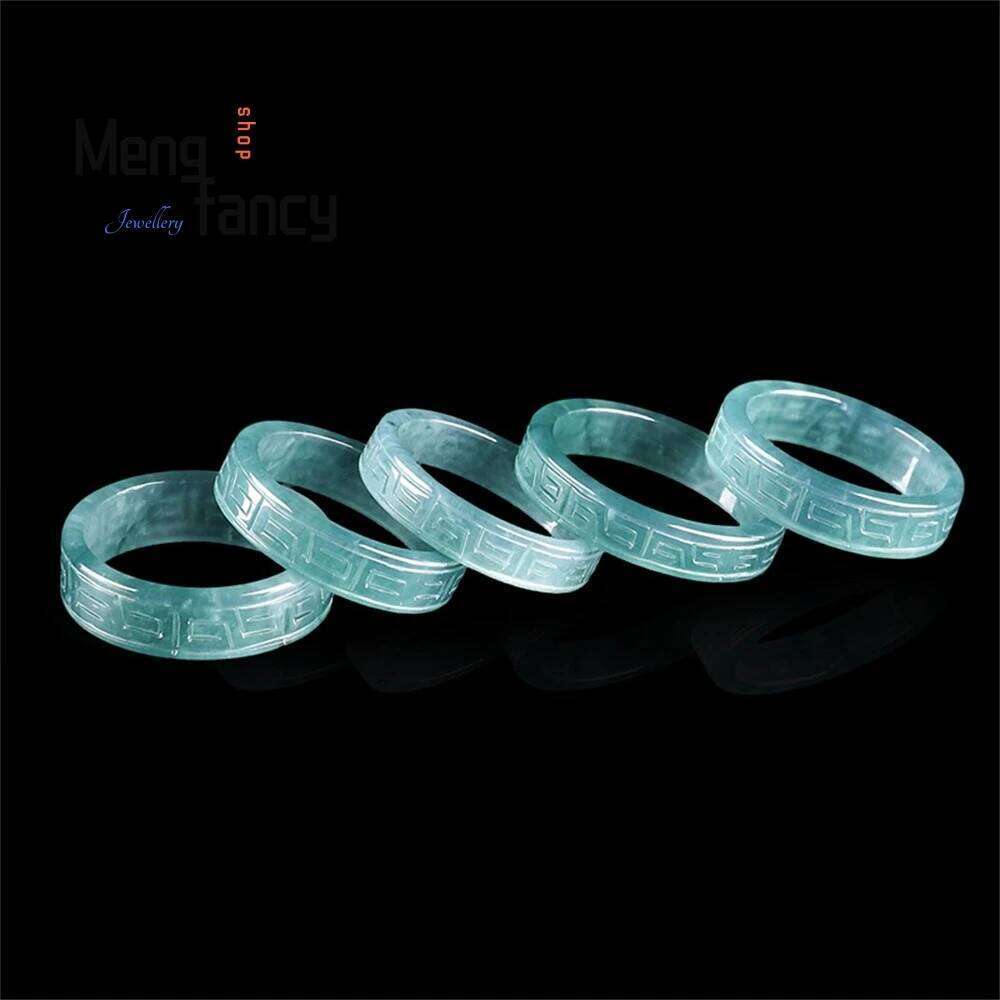 Original Natural A-Grade Jadeite Blue Water Antique Pattern Square Ring, Ice-Type For Men And Women, Personalized Jade Ring H260312