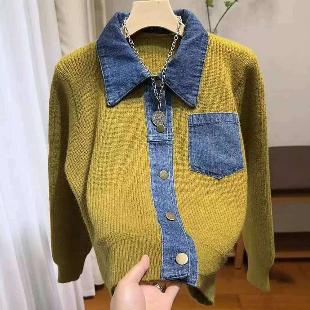 2026 Autumn Winter New Loose Fashion Long Sleeved Sweater Design Sense Polo Collar Denim Patchwork Knitted Women Cardigan Tops Z260313