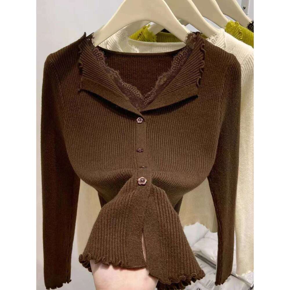 Fashion Slim Long Sleeve Single Breasted Cardigan Women's Knitted Sweater Autumn Winter Casual Lace Splice V-neck Women Sweaters Z260314