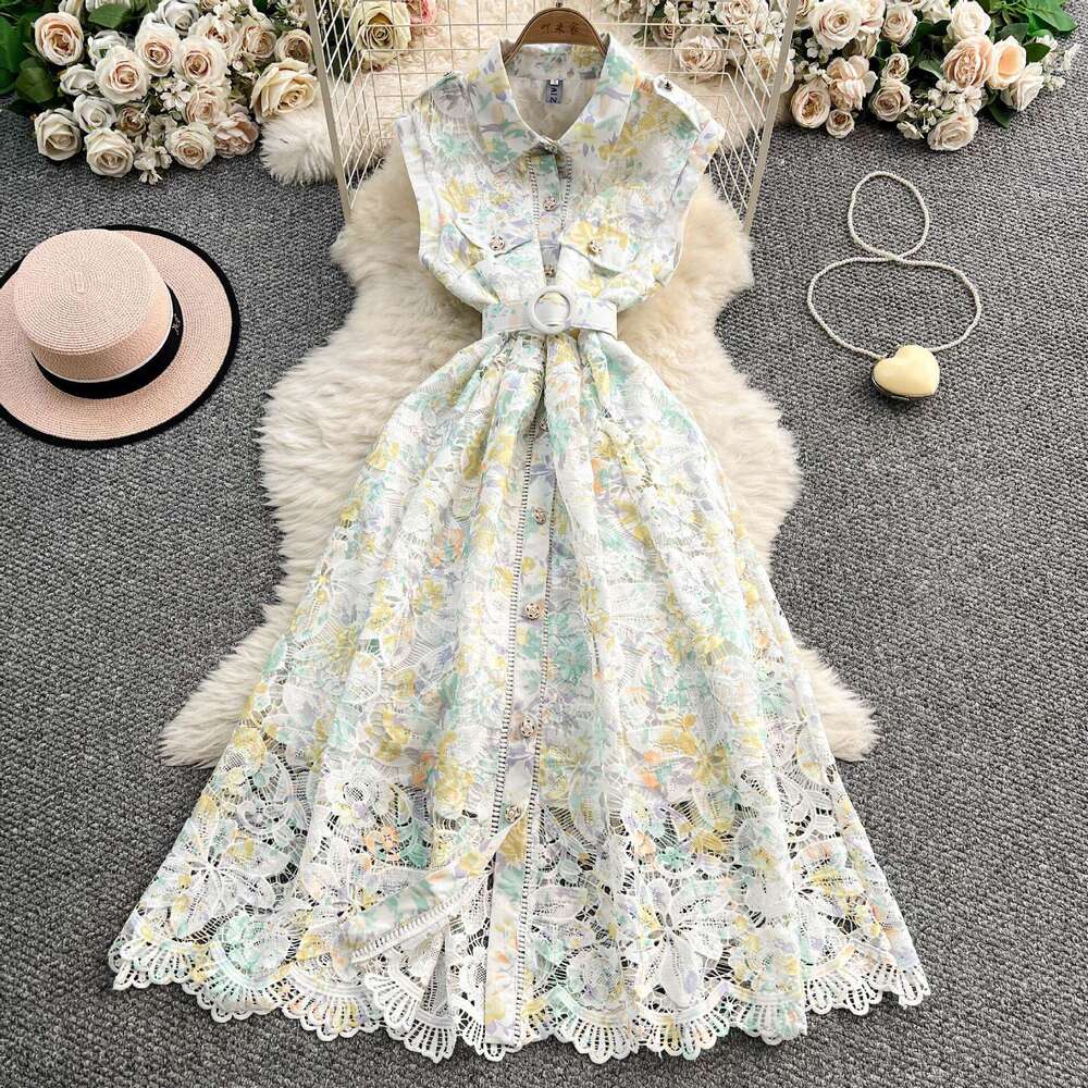 2026 designer's elegant and exquisite water-soluble lace printed women's lapel dress with a brand new A15 single breasted button