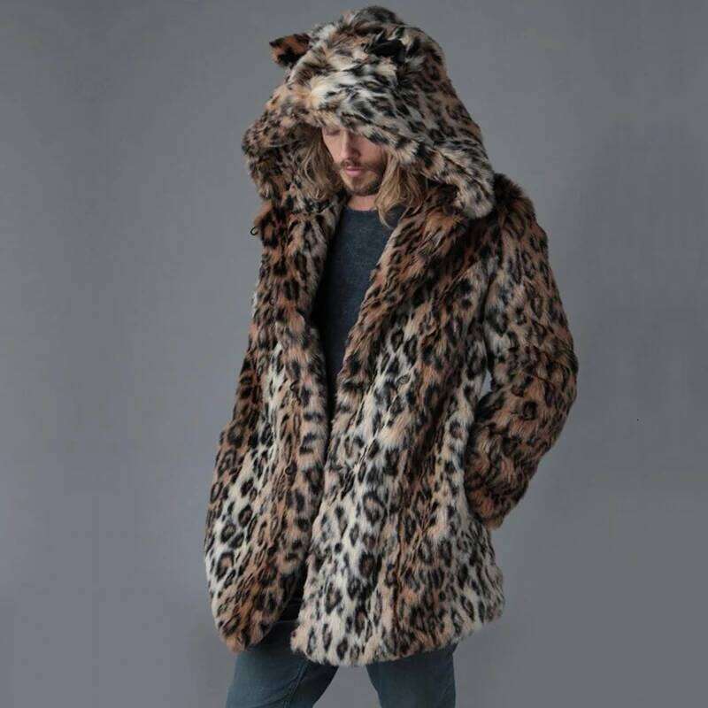 Plus Size Faux For Winter Male Leopard Jacket Long Style Hooded Overcoat Warm Men Fur Outerwear leisure Z260313