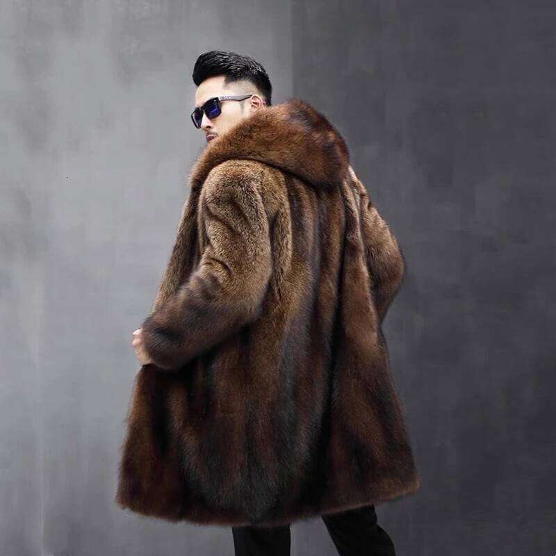 Men's long fur winter warm mink coat hooded jacket loose casual windbreaker Z260313