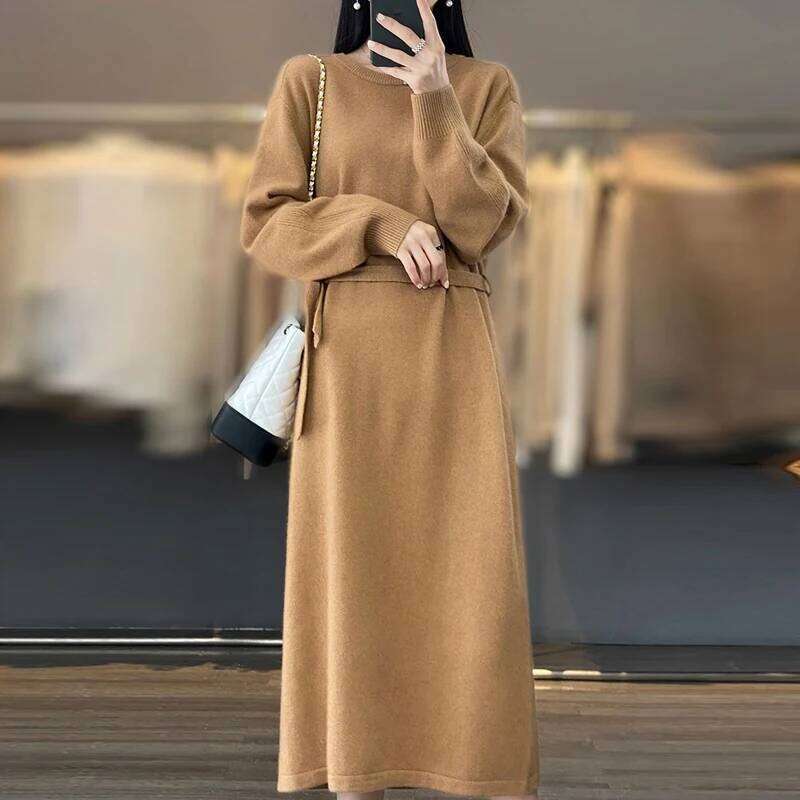 Autumn Winter Women Korean Fashion Lace-up Elegant Basic Knitted Dresses Solid O Neck Long Sleeve Loose Chic Sweater Dress Robe Z260314