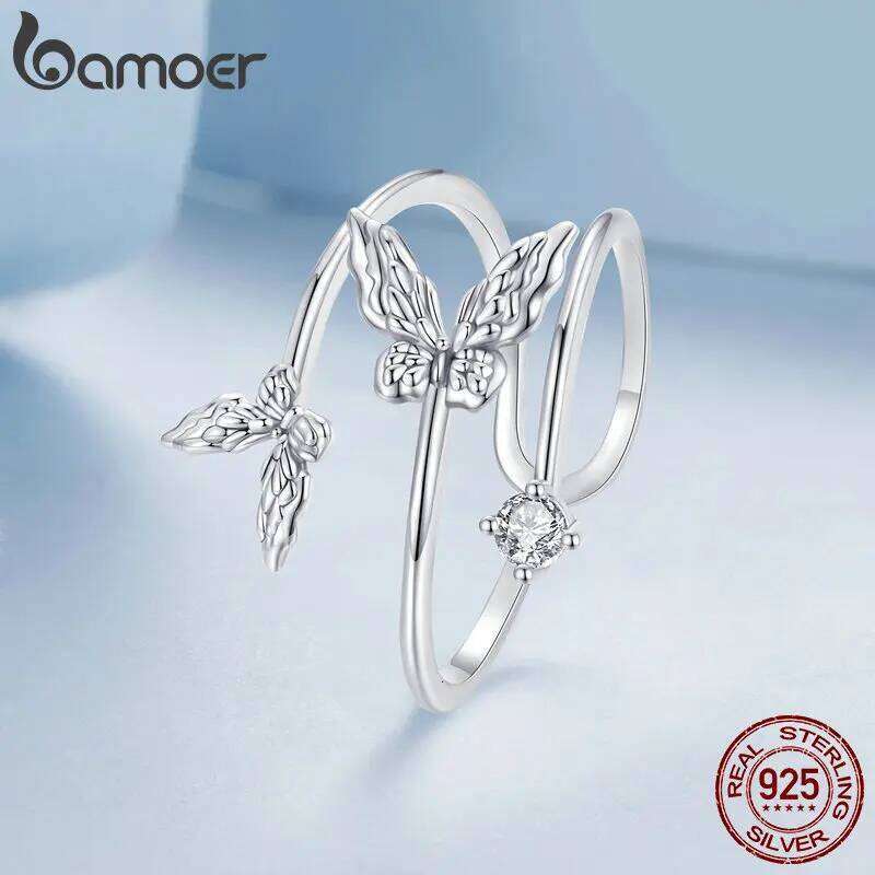 BAMOER Solid 925 Sterling Silver Butterfly Adjustable Open Ring Anniversary Birthday Jewelry Gifts for Women Girls H260312