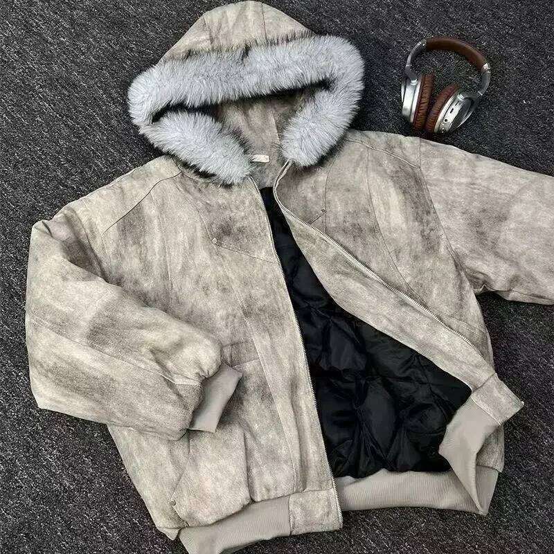 2025 European American new winter thickened fur collar hoodie Y2K couple down cotton warm jacket fashionable and versatile Z260313