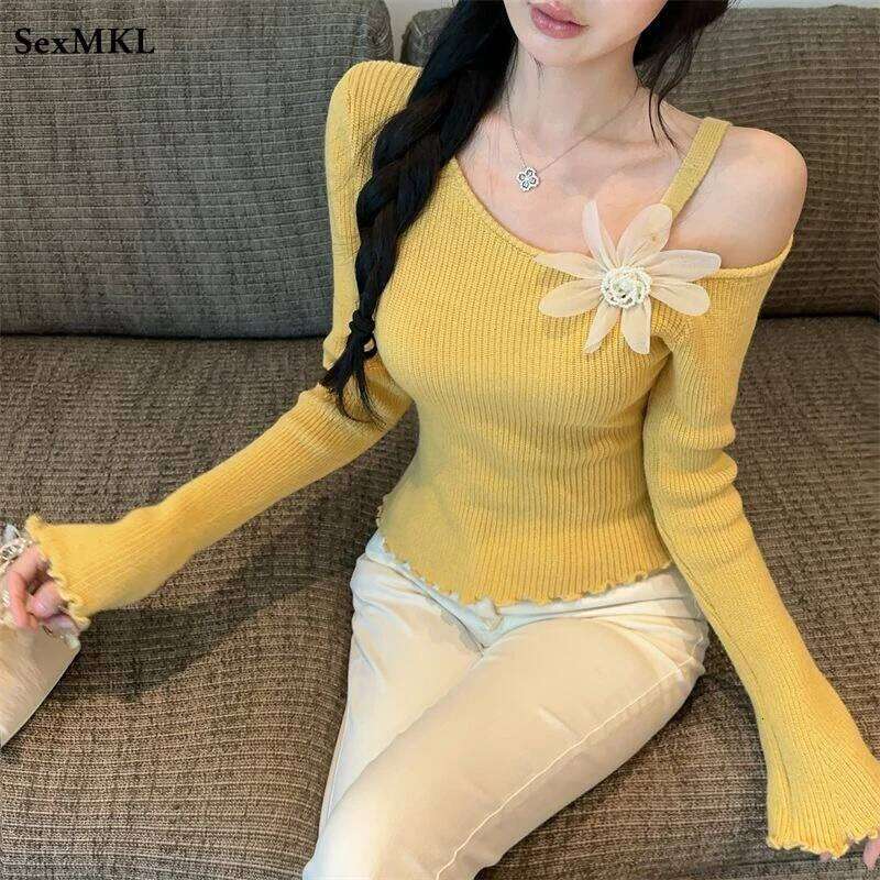 Off Shoulder Sexy Women Casual Sweaters Autumn Winter Long Sleeve Korean Style Y2k Clothes Slim Flower Knitted Tops Pullovers Z260314