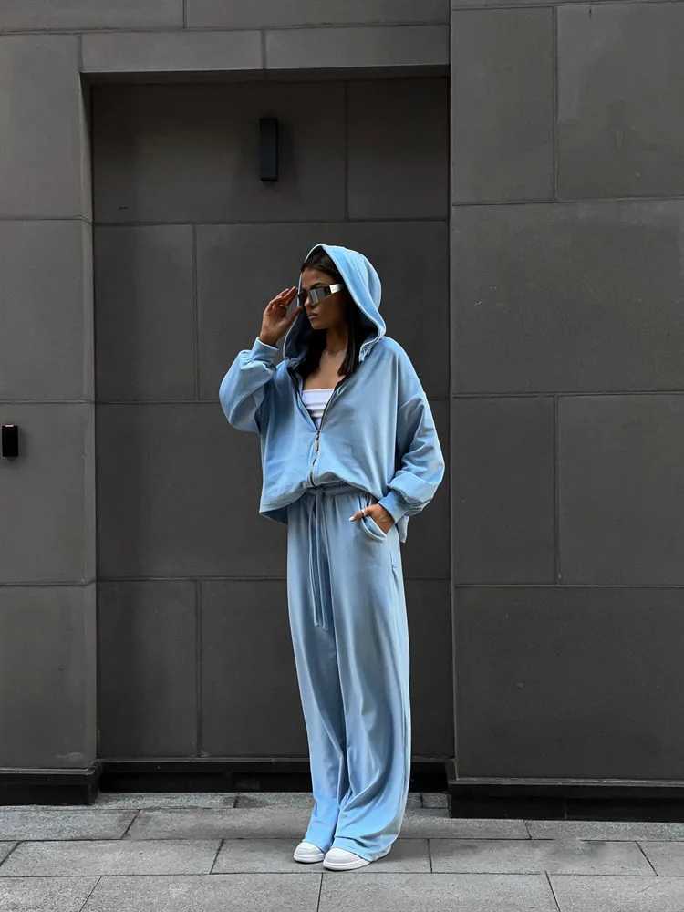 2025 Autumn Womens set Solid color long-sleeved cardigan hoodie sportswear long pants two-piece set set womens clothing M260313