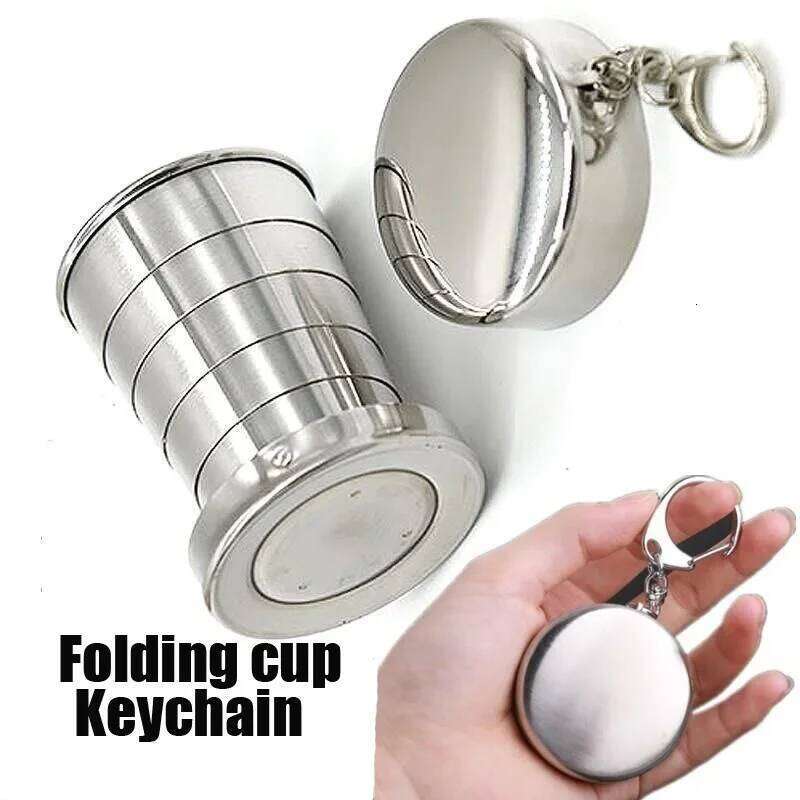 1Pc 75ML Keychain Stainless Steel Retractable Cup Teacups Teaware Folding Glass Z260313