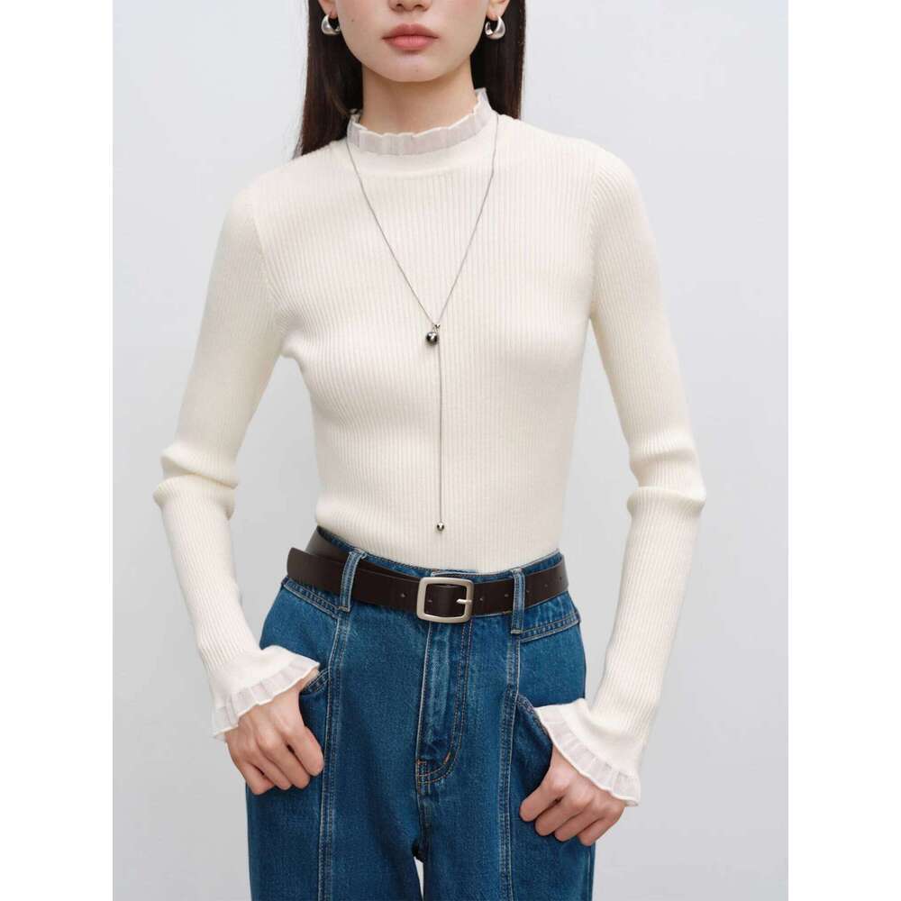 ZIQIAO Women Beige Slim Pullovers Ruffle Patchwork Design Knitted Black All-Match Bottoming Long Sleeve Sweater Tops 24ZQ93231 Z260314