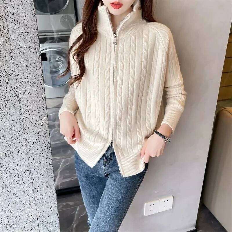 2025 Winter New Thick Turtleneck Cashmere Knitted Cardigan Women Casual Knit Loose Wool Sweater Female Tops Z260313