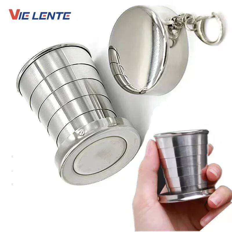 Stainless Steel Retractable Outdoor Travel Toiletry Portable Creative Compression Mini Handy Folding Cup Z260314