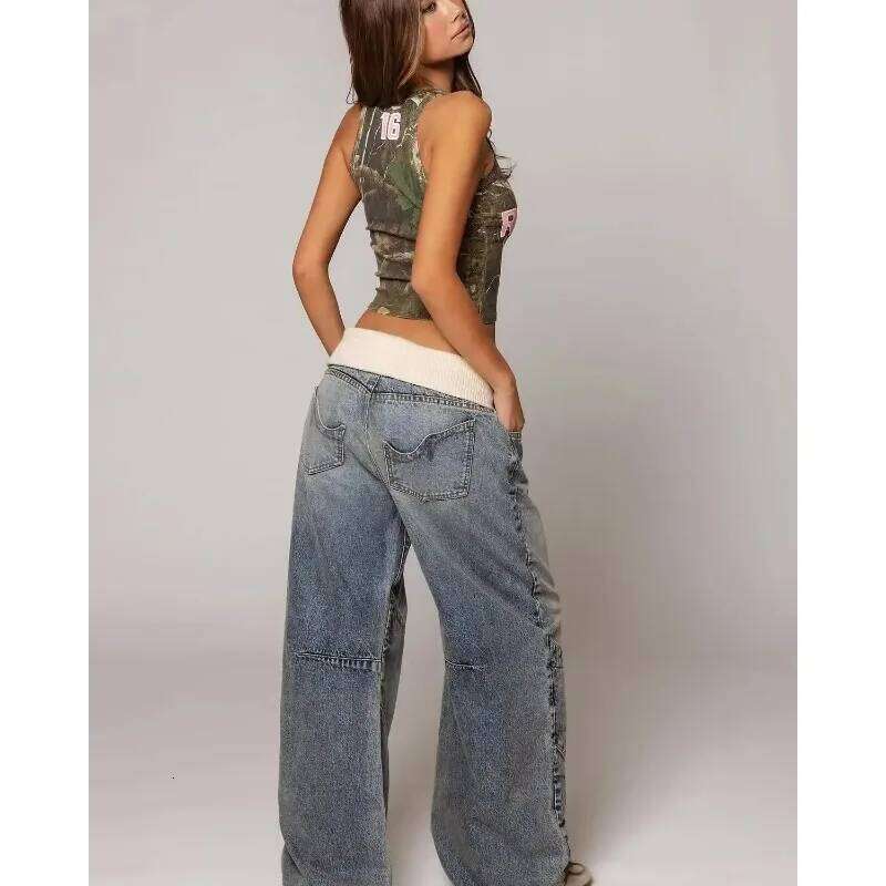 2025 Unisex Streetwear Hip Hop Baggy Straight-Leg Jeans Washed Blue Embroidered Spliced Distressed Cargo Pants Casual Denim Z260313