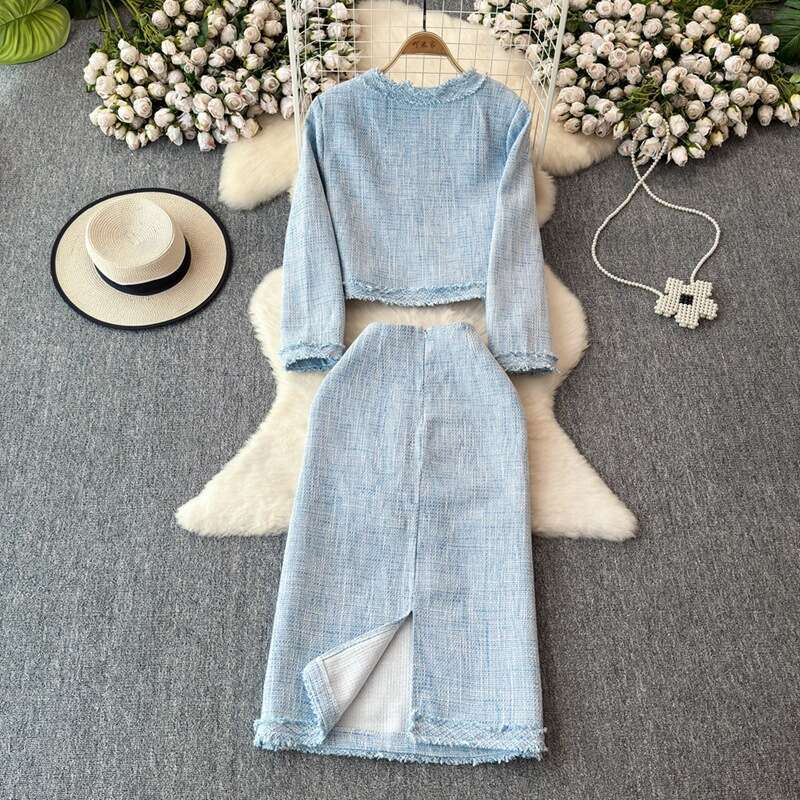 Ladies' Fashion Set Autumn/Winter Elegant Style Floral A12 Coat Two Piece Set High Waist Tight Skirt 2026