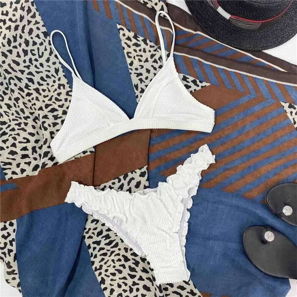 Wrinkled Mid Waist Female Swimsuit Women Swimwear Two-pieces Bikini set Ruffled Frilled Bather Bathing Suit Swim K2957 Y260303