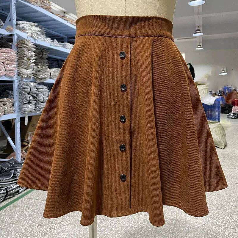 Fashion High Waist Pleated Fluffy Skirt Women Elegant Single-Breasted Design Corduroy A-Line Autumn Winter Mini Skirts Z260314
