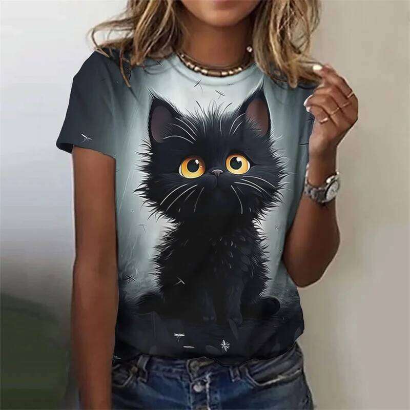 3D Printed Cute Animal T Shirt For Women Funny Cat Pattern Tees Summer Harajuku T-Shirts Round Neck Tops Loose Short Sleeves Z260314