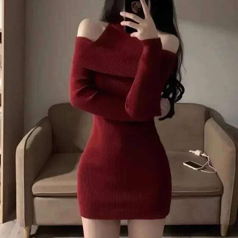 Over The Shoulder Woman Knitted Dress New In Autumn and Winter G Sensual Sexy Long Sleeve X Crochet Dresses for Women Z260314