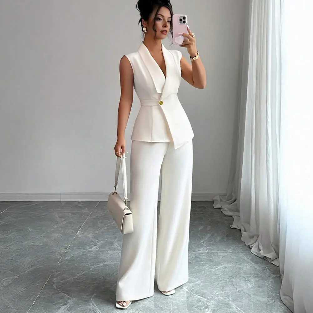 Comfortable Spring Suit Womens 2 Piece Suit Set Sleeveless Blazer Vest Wide Leg Pants Outfit Casual Office Workwear Dressy M260313
