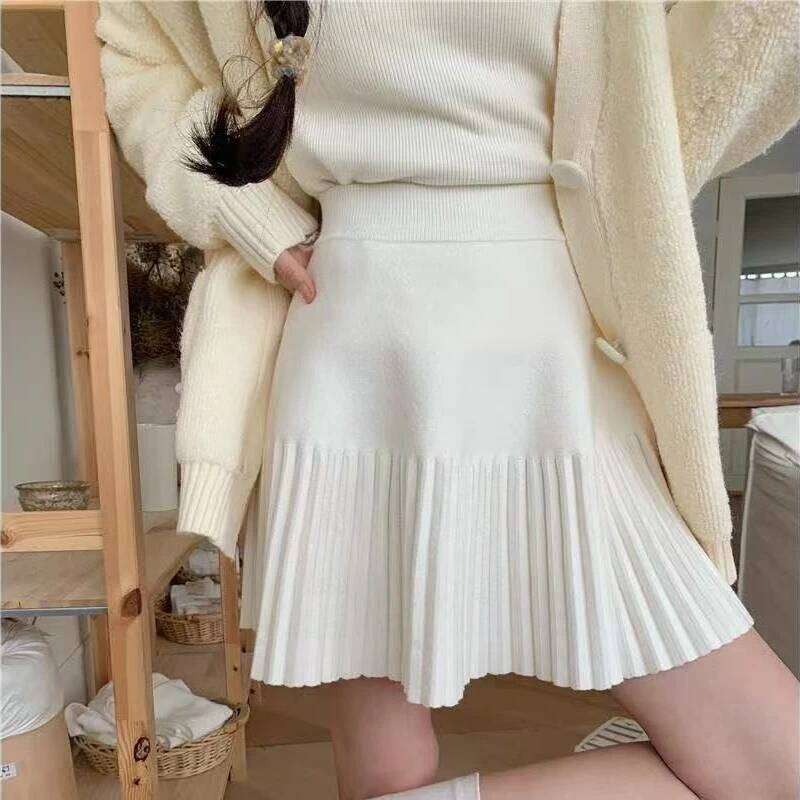 2025 Spring Autumn New High-waisted A-line Skirt Women Knitted Pleated Shirts Lady Solid Color Preppy Style Mini Skirts Z260314