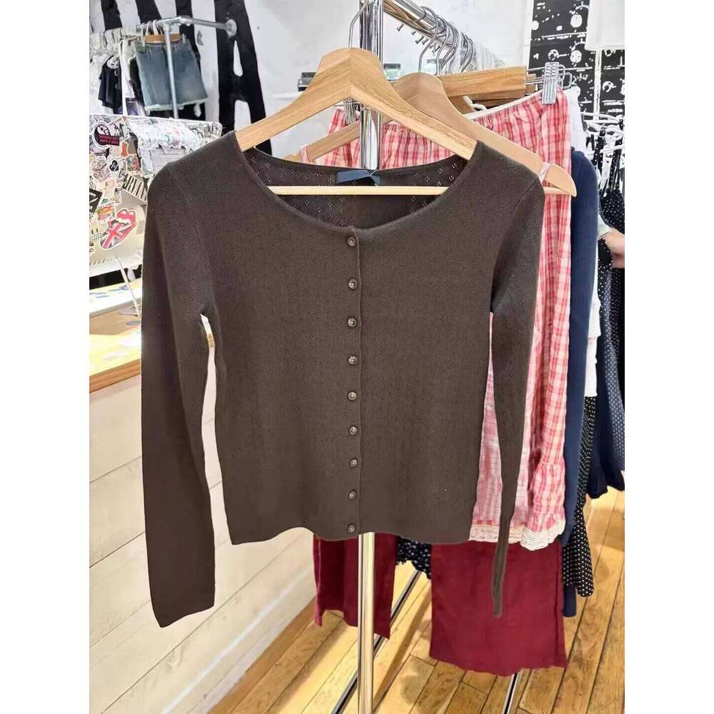 Brown Eyelet Knitted Cardigan Women Autumn New Casual Cotton Long Sleeve Sweater Coat Female Vintage Simple Basic Sweaters Tops Z260314