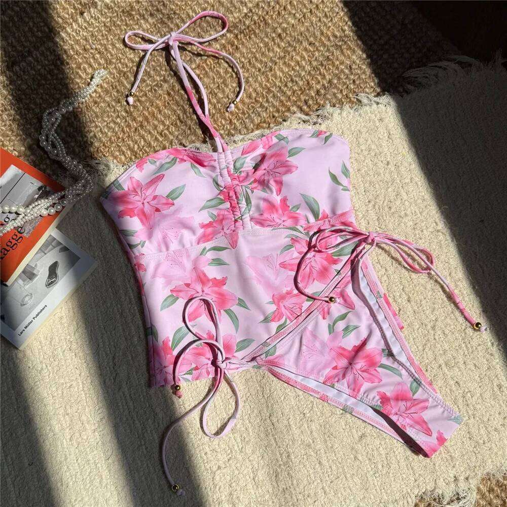 Pink Flower Print Halter Drawstring Tops Bikinis Sets Sexy Swimsuit Women Holiday Swimwear 2025 Bathing Suit Biquinis Bikini Y260303