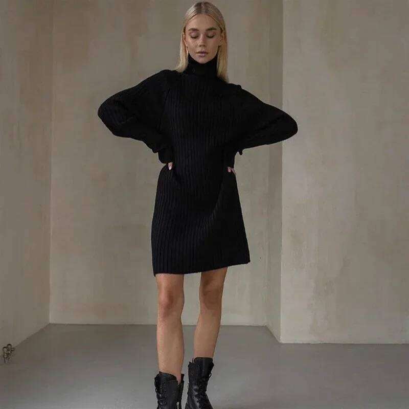 White Turtleneck Knitted Dresses Woman Winter Autumn Oversized Sweater Fashion Long Sleeve Mini Dress Casual Knitwear Z260314