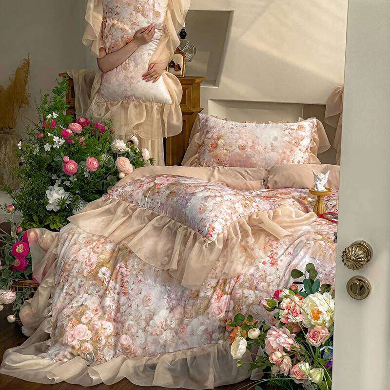 Flower Printed Duvet Sets with Ruffles Queen/King Quilt Cover Silky housse de couette Princess Style funda nordica 220x240 H260312 - view 3