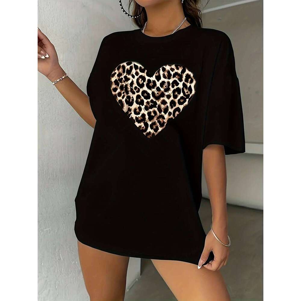 Camiseta con estampado corazn leopardocamiseta estampada camiseta informal manga Harajuku para mujer ropa de Z260314