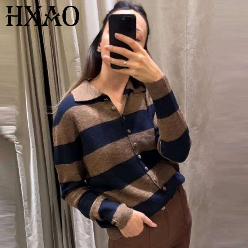 HXAO Striped Knit Cardigan For Women Autumn Spring 2026 Women's Sweater Elegant Cropped Long Sleeve Button Up Tops Cozy Sweaters Z260313