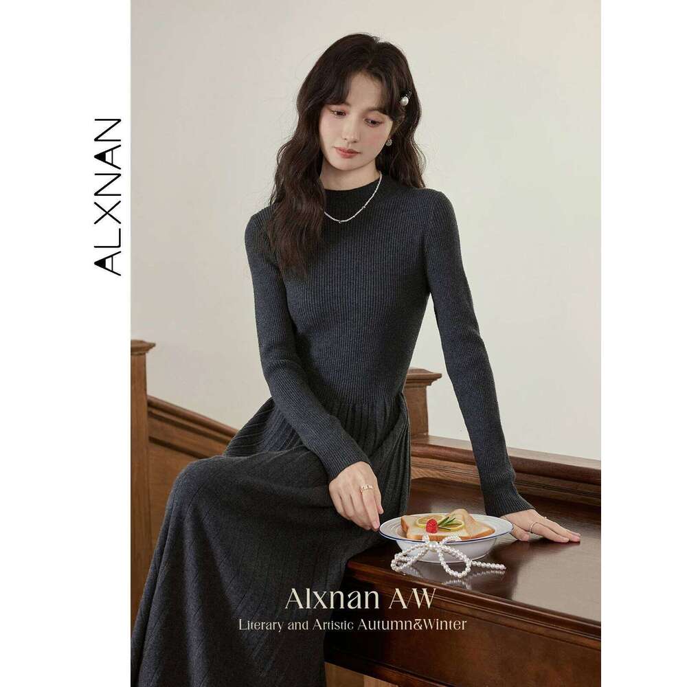 ALXNAN Women's Knitted Autumn Winter Warm A-line Dresses Elegant Office Style Casual Long Sleeve Midi Dress L52017 Z260313