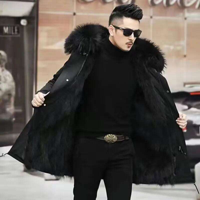 Parker Men's Liner Winter Warm New One-piece Imitation Mink Fleece Mid-length Fur Coat Z260313