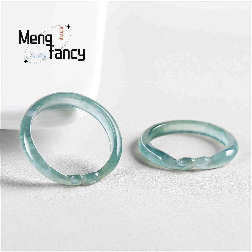 Natural A-goods Jadeite Blue Water Ruyi Tightrope Three-dimensional carving Ice Jade Ring Personalized Exquisite Fashion Jewelry H260312