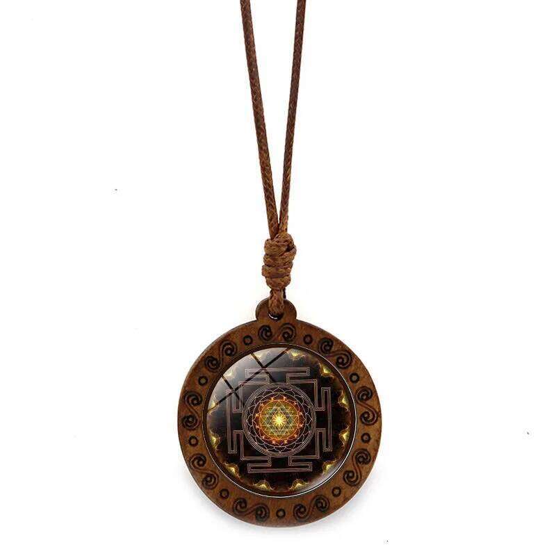 Mandala Hexagram Magic Array Time Gem Wooden Pendant Retro Brown Wax Rope Necklace H260312