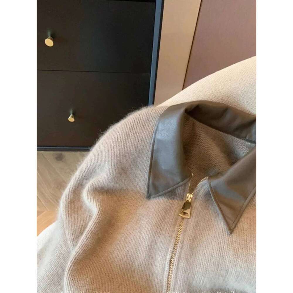 Women Leather Collar Patchwork Double Zipper Knit Graceful Fit Temperament Outer Wear Lapel Knitted Cardigan Jacket Z260313