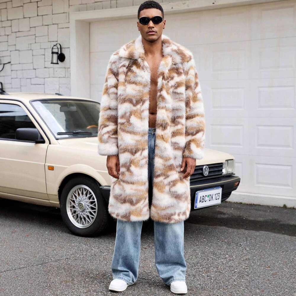 European American Autumn Winter New Fashion Men's Turn-down Collar Camouflage Casual Trendy Loose Faux Fur Cardigan Coats Tops Z260313