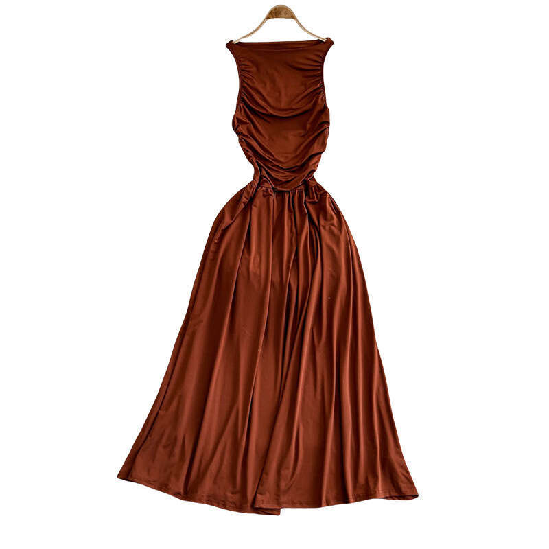 2026 high-end elegant lady style A12 backless collar women's spring and autumn pleated waist slim fit trumpet skirt