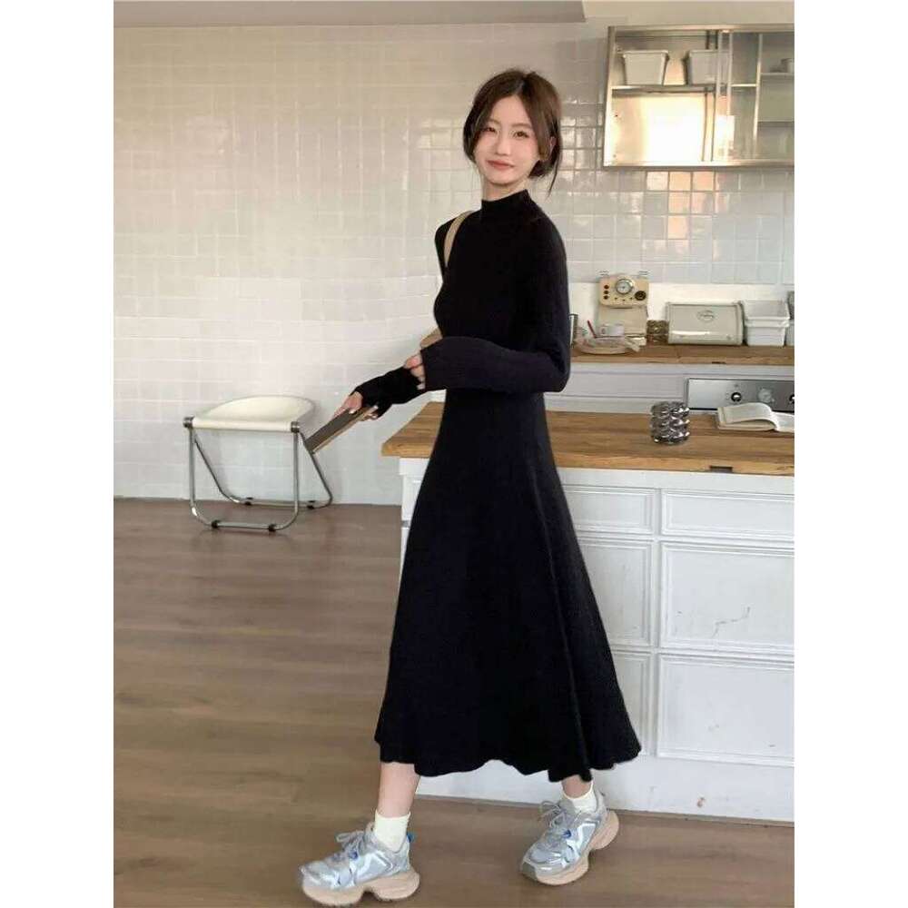 Women's Black French Mid-Calf A-Line Knit Dress Chic Semi-Turtleneck Slimming Long Sleeve Warm Layered Autumn Winter Exclusive Z260314