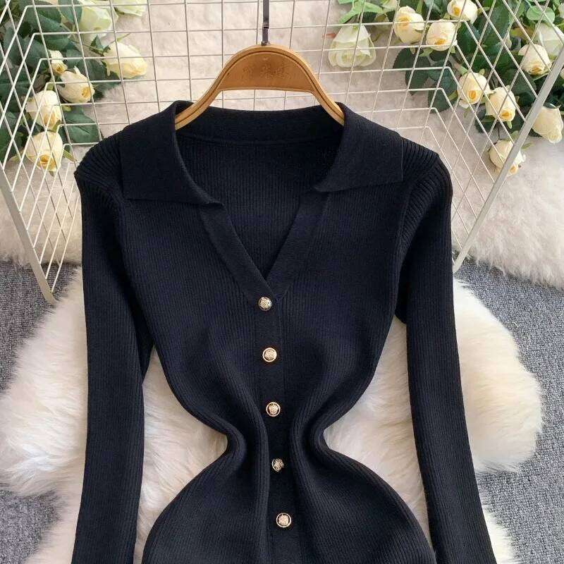 New Waist-cinching Knitting Women V-neck Long Sleeve Chic Short Dress Metal Button Spring Autumn Female Ruffle Dresses Z260313