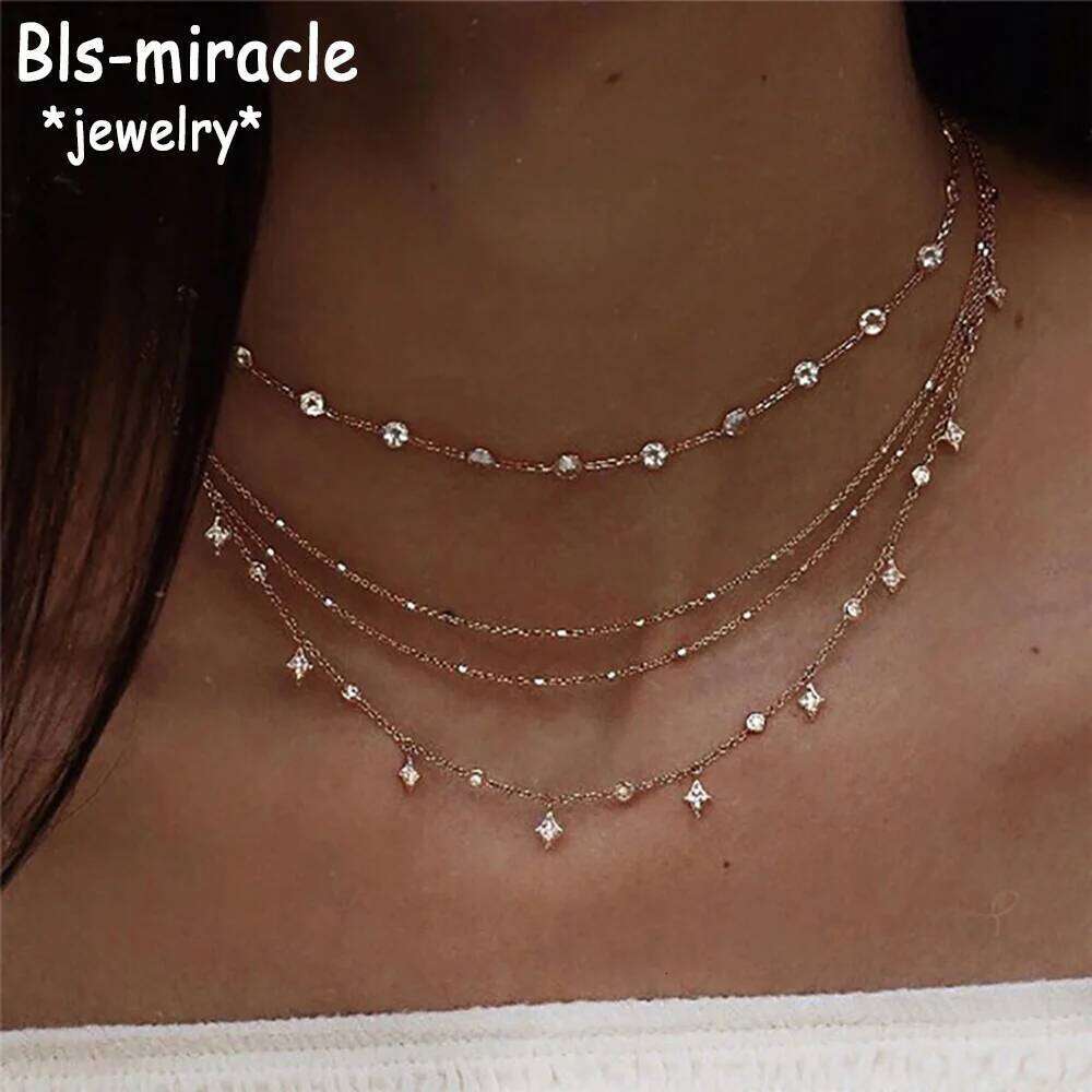 New Boho Fashion Crystal Stars Pendant Necklaces For Women Vintage Gold Color Necklace Multilayer Female Jewelry Wedding Gift H260312