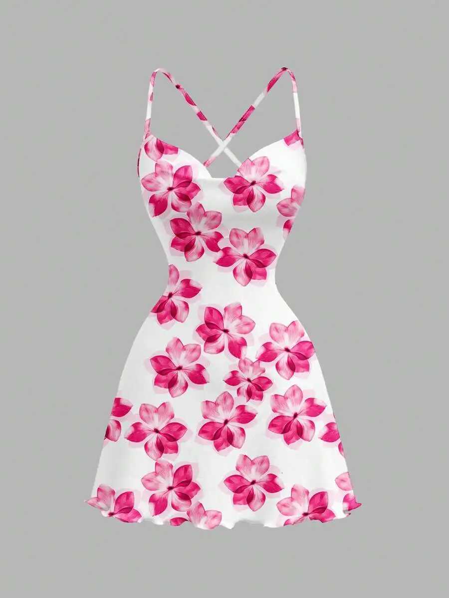 Womens Casual Floral Print Knit Mini Dress Crisscross Thin Straps Lettuce Hem Detail Stylish Going-Out StyleT260314