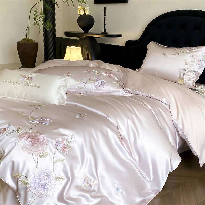 Pink Flowers Embroidery Brocade Egyptian Cotton Soft Silky Bedding Set Duvet Cover Flat/Fitted Bed Sheet Pillowcase 4Pcs H260312 - view 6