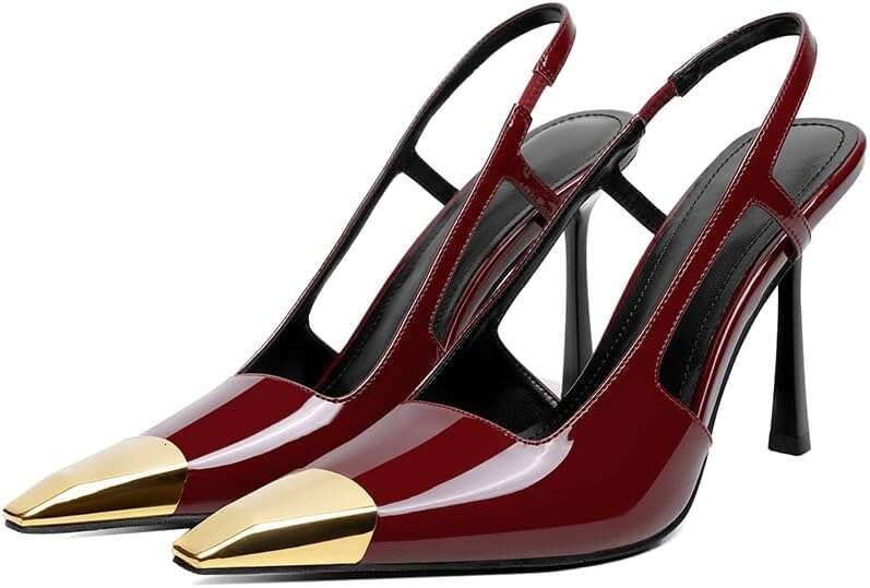 Slingback Heels For Women Metal Pointed Toe Stiletto High Pumps Slip On Shoes Geometric Heel MOJIDASHU